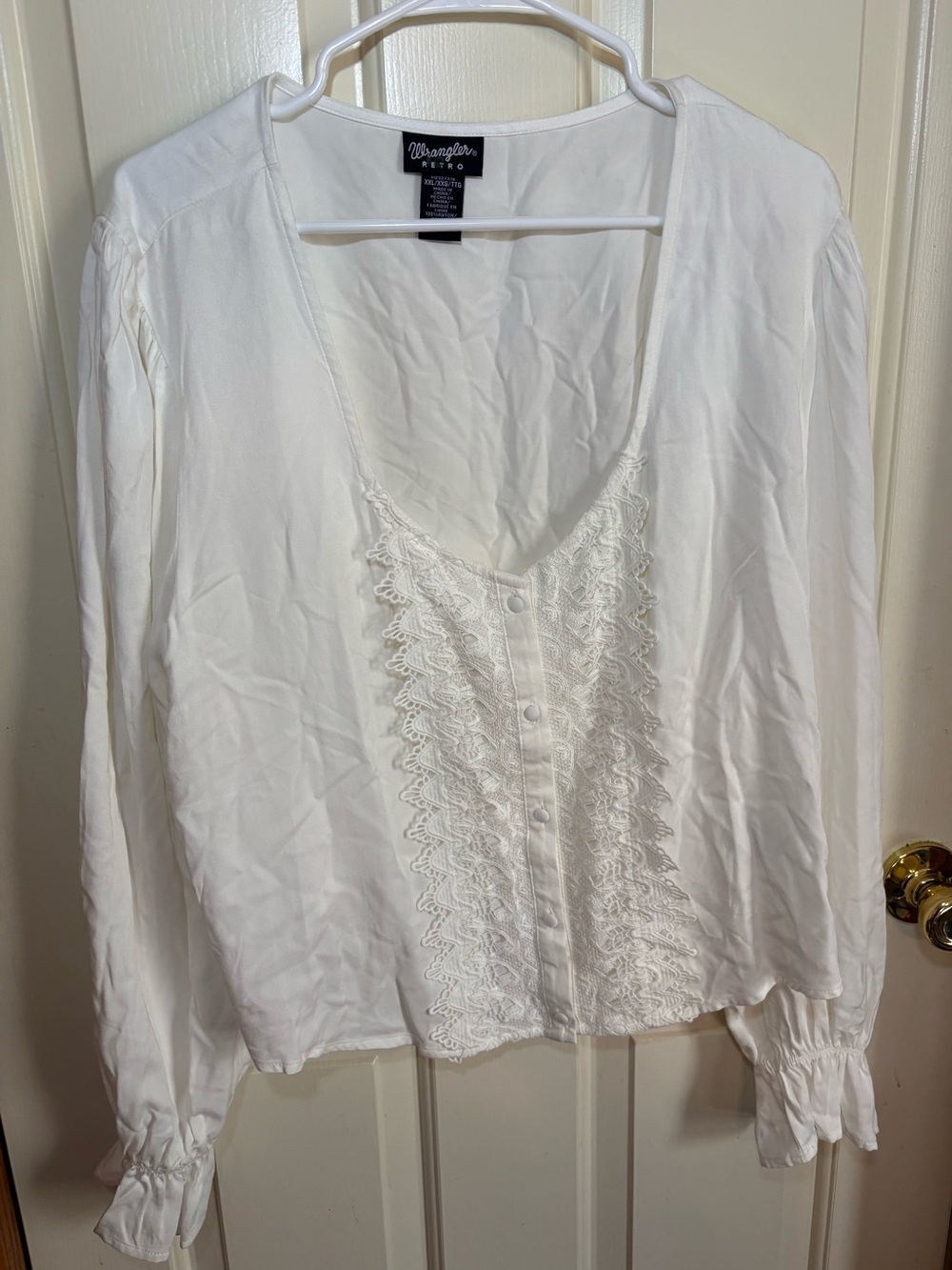 Wrangler Retro White Lace-Trim Peasant Blouse Boho